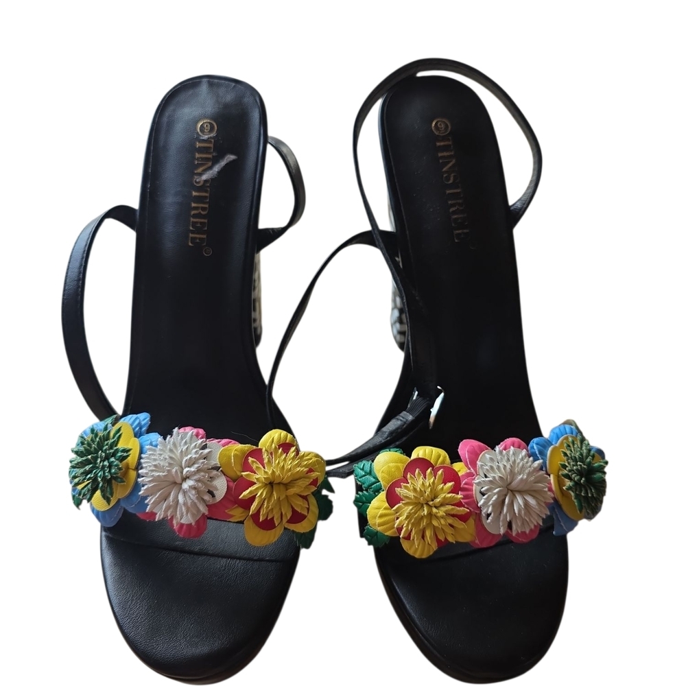 Yellow and Black Floral Sandals with Slide Design